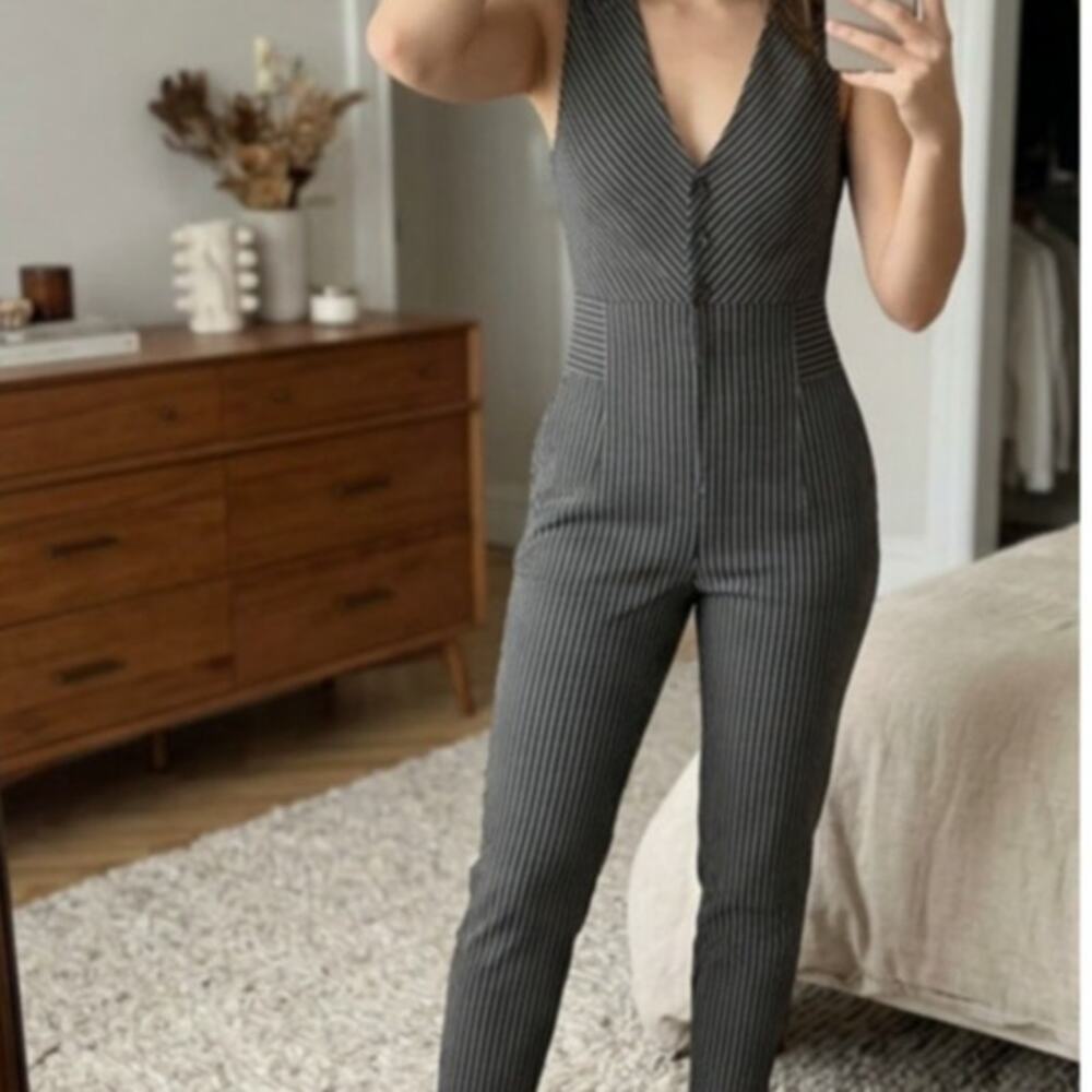 Free People City Girl Striped Button Front Jumpsuit